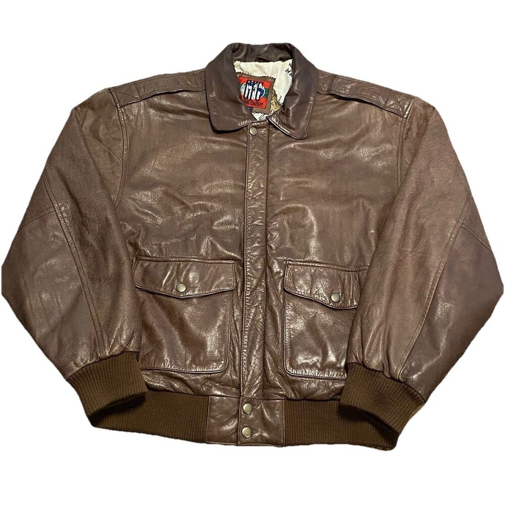 Vintage GENUINE LEATHER Brown GFC Lightweight Bomber Jacket USA Lining Y2K 90s M